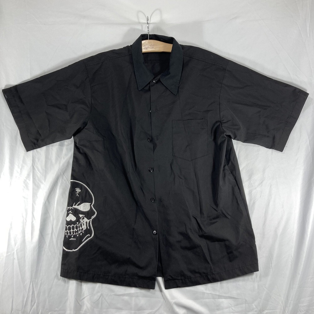Vintage Johnny Suede Half Skull Bowling Shirt Mens Xl USA Mechanic Biker